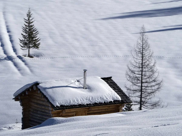 Dolomites Snow Panorama Wooden Hut Val Badia Armentara Hill — Zdjęcie stockowe