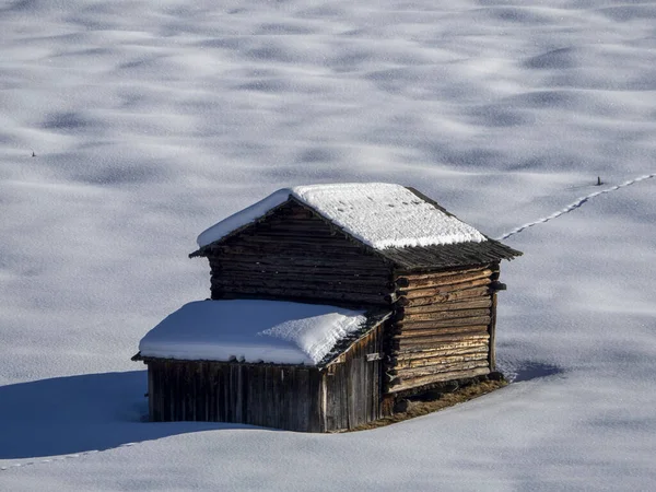 Dolomites Snow Panorama Wooden Hut Val Badia Armentara Hill — Photo