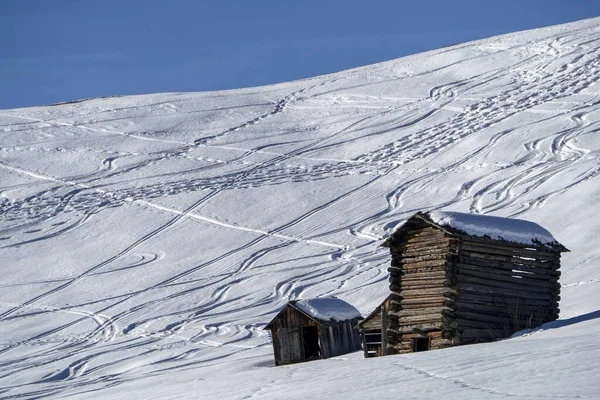 Dolomites Snow Panorama Wooden Hut Val Badia Armentara Hill — Stock Photo, Image