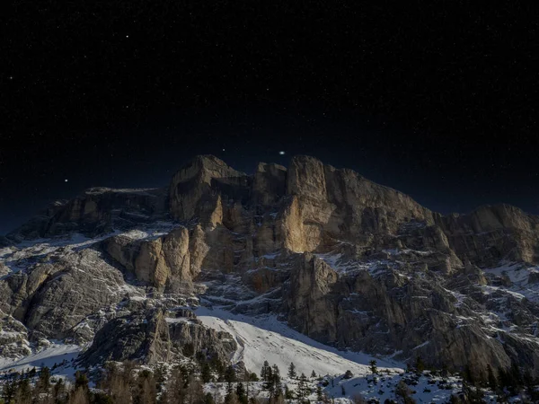 Dolomites Snow Panorama Val Badia Armentara Hill Stars Night Sky — Foto Stock