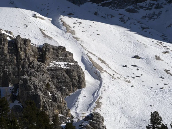 Avalanche Glissement Neige Dans Dolomites Panorama Neige Val Badia Armentara — Photo