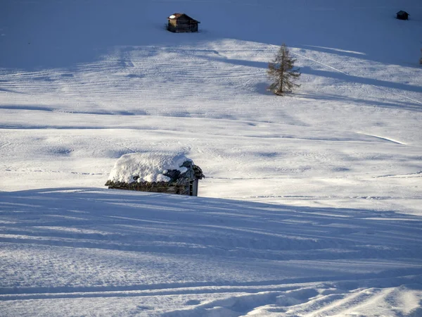 Dolomites Snow Panorama Wooden Hut Val Badia Armentara Hill — Stock Photo, Image