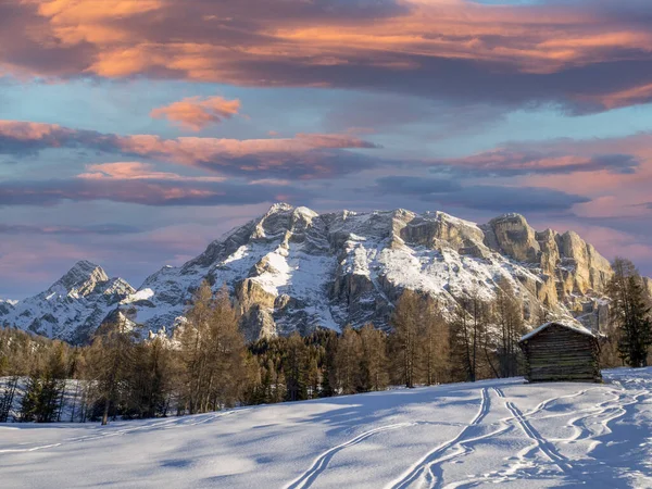 Monte Croce Dolomites Badia Valley Mountains Sunset Landscape Winter Armentara — Stok fotoğraf