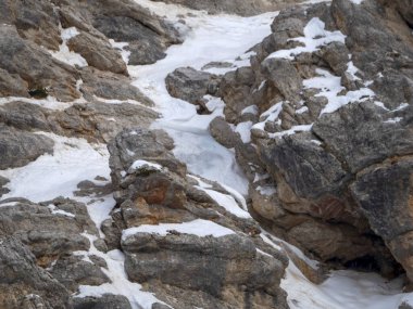 ice on the rock on Fanes mountain dolomites in winter panorama snow landscape