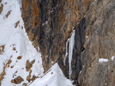 ice on the rock on Fanes mountain dolomites in winter panorama snow landscape