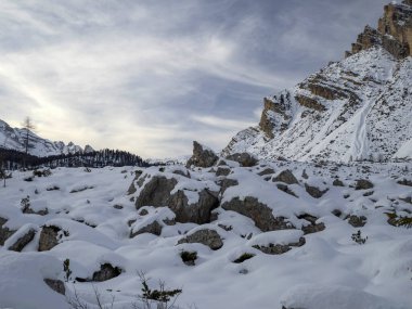 Fanes mountain dolomites in winter panorama snow landscape