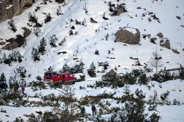 Red White Snow Snowmobile Going Fanes Mountain Dolomites — Stock fotografie