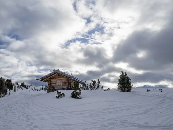 Dolomity Panorama Śniegu Drewniana Chata Val Badia Wzgórze Armentarola — Zdjęcie stockowe