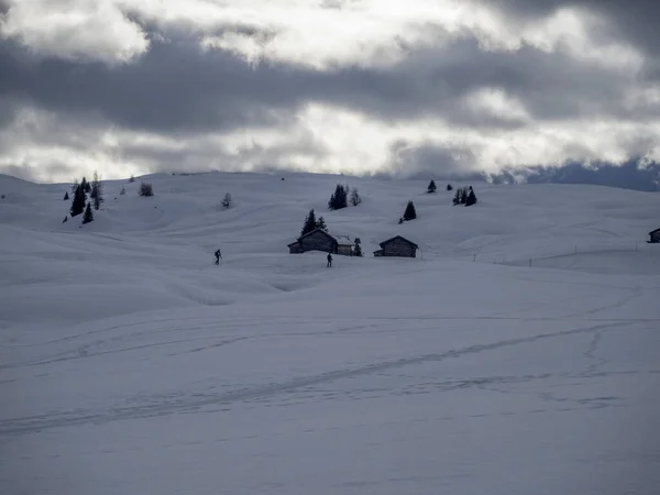 Dolomites Snow Panorama Wooden Hut Val Badia Armentarola Hill — Stock Photo, Image