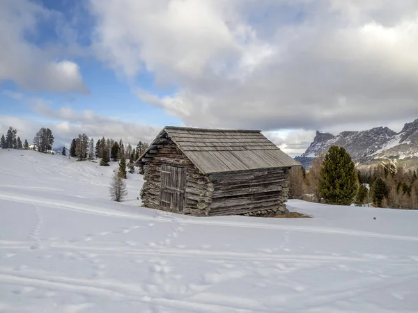 Dolomites Snow Panorama Wooden Hut Val Badia Armentarola Hill — Stok fotoğraf