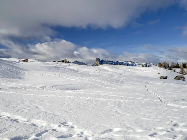 Dolomites Snow Panorama Wooden Hut Val Badia Armentarola Hill — Foto Stock