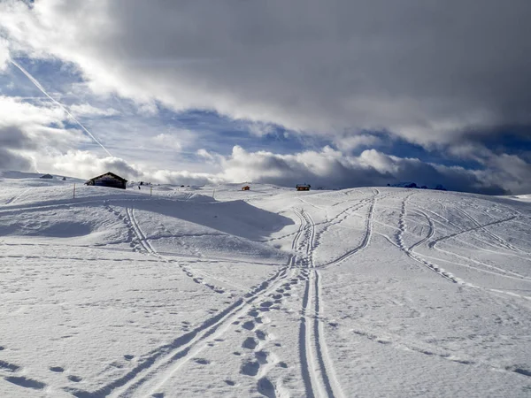 Dolomites Snow Panorama Alpine Ski Tracks Detail Slope Track — Stockfoto