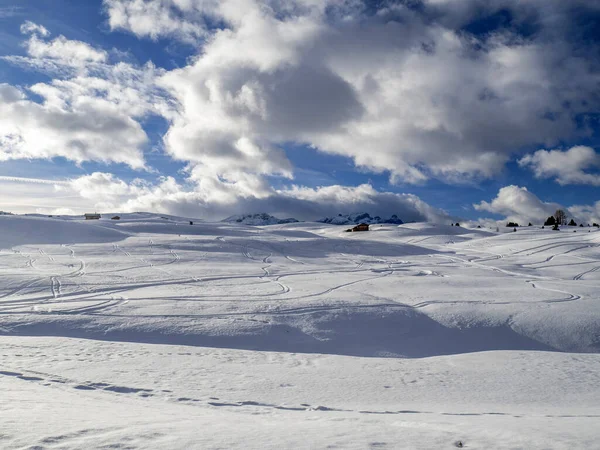 Dolomites Snow Panorama Wooden Hut Val Badia Armentarola Hill — Foto Stock