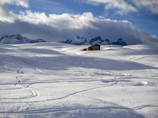 Dolomites Snow Panorama Wooden Hut Val Badia Armentarola Hill — Zdjęcie stockowe