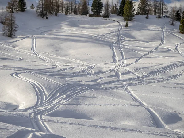 Dolomites Snow Panorama Alpine Ski Tracks Detail Slope Track — Foto Stock