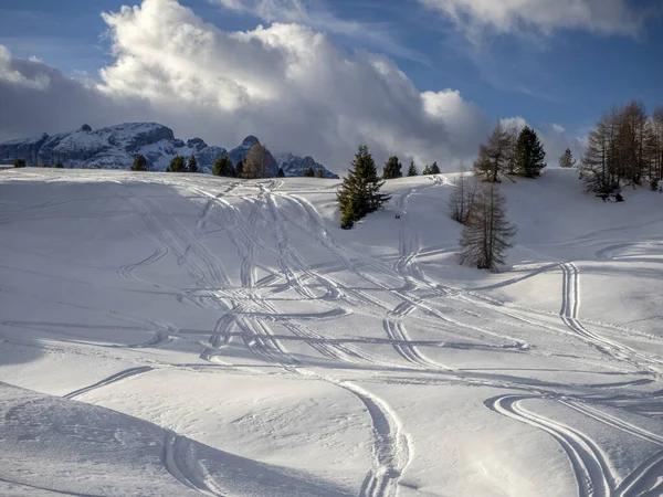 Dolomitas Nieve Panorama Pistas Esquí Alpino Detalle Fuera Pista Pendiente —  Fotos de Stock