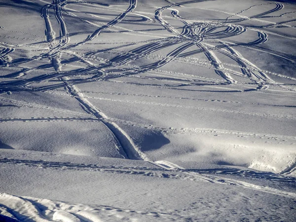 Dolomites Snow Panorama Alpine Ski Tracks Detail Slope Track — Zdjęcie stockowe