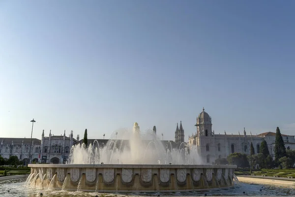 Lisboa Jeronimos Mosteiro Fonte Pôr Sol Vista — Fotografia de Stock