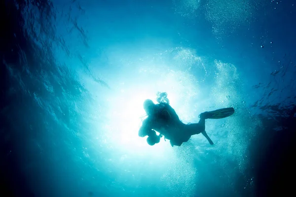 Potápěč Silueta Hlubokém Modrém Oceánu Pozadí — Stock fotografie