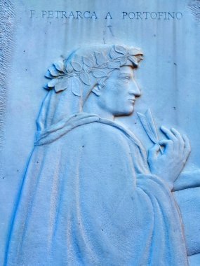 Petrarca italian poet statue bas relief in Portofino Liguria clipart