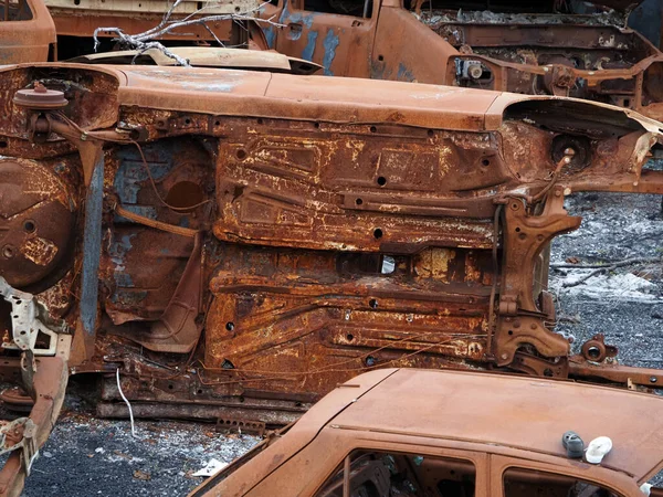 Vrakoviště Staré Rezavé Auto Pole Pohled — Stock fotografie