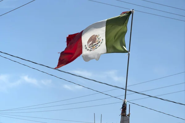 Zerrissene Mexikanische Flagge Weht Zwischen Stromdrähten — Stockfoto