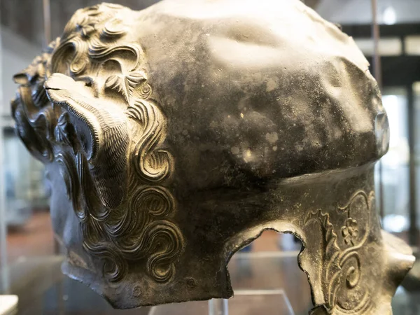Casque Guerre Bronze Étrusque Détail Fermer — Photo