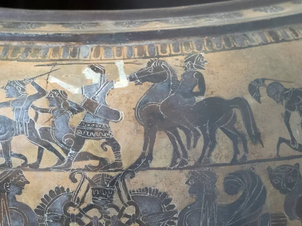Etrusco Preto Pintado Figura Cerâmica Copo Detalhe — Fotografia de Stock