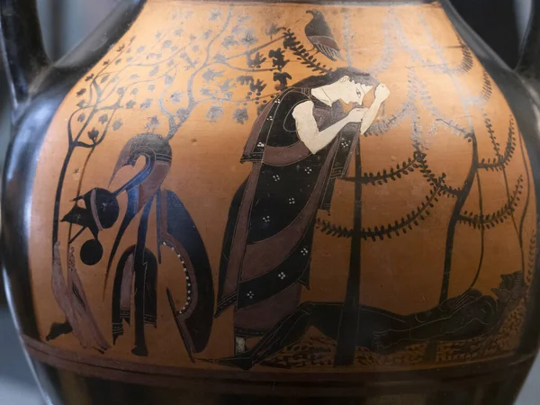 Mansardă Etruscă Grecesc Negru Pictat Figura Ceramică Ceașcă Detaliu — Fotografie, imagine de stoc