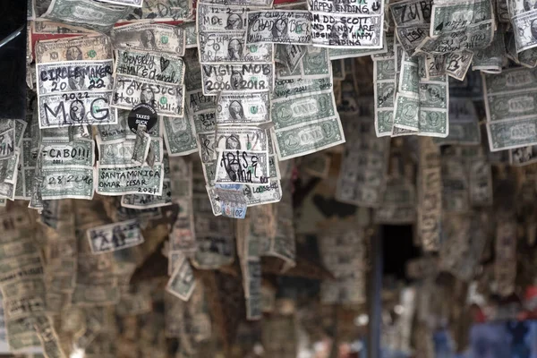 Many Signed Dollars Hanging Ceiling Mexican Baja California Bar — Stock Photo, Image