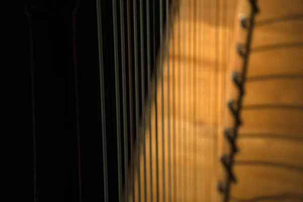 Harpe Strenge Detalje Lukke Isoleret Sort Baggrund - Stock-foto