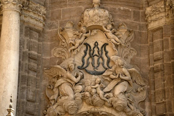 Valência Espanha Catedral Gótica Histórica Igreja Externa Baixo Relevo Escultura — Fotografia de Stock
