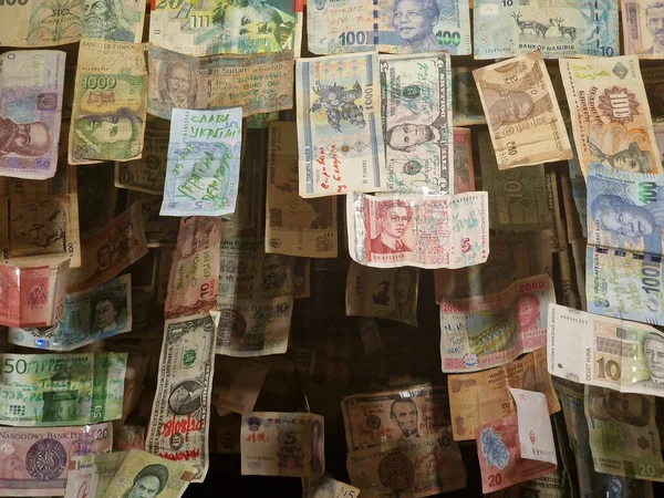 Many Old Different Countries Banknotes Hanging Pub Ceiling — Stock Photo, Image