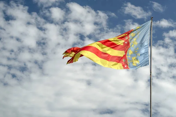 Waving Valencia Spain Flag Blue Sky Background — Foto de Stock