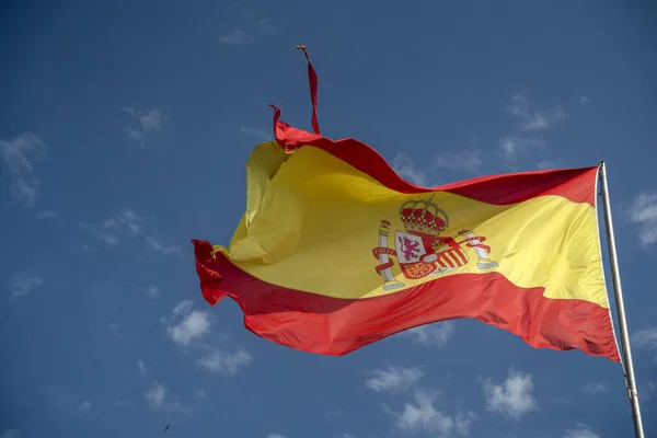 Waving Spain Flag Blue Sky Background — Zdjęcie stockowe