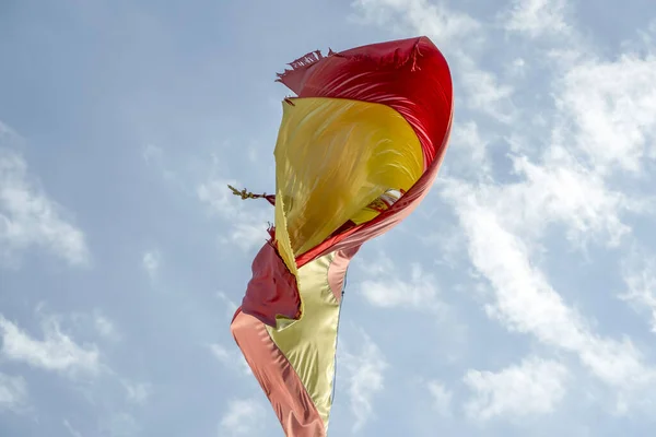 Waving Spain Flag Blue Sky Background — Fotografia de Stock