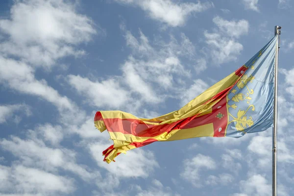 Waving Valencia Spain Flag Blue Sky Background — Zdjęcie stockowe