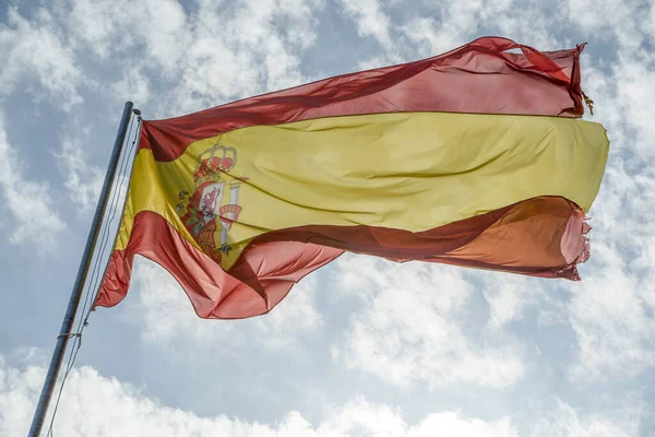 Waving Spain Flag Blue Sky Background — Zdjęcie stockowe