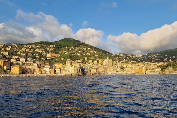 Camogli Uitzicht Vanaf Zee Bij Zonsondergang Panorama — Stockfoto