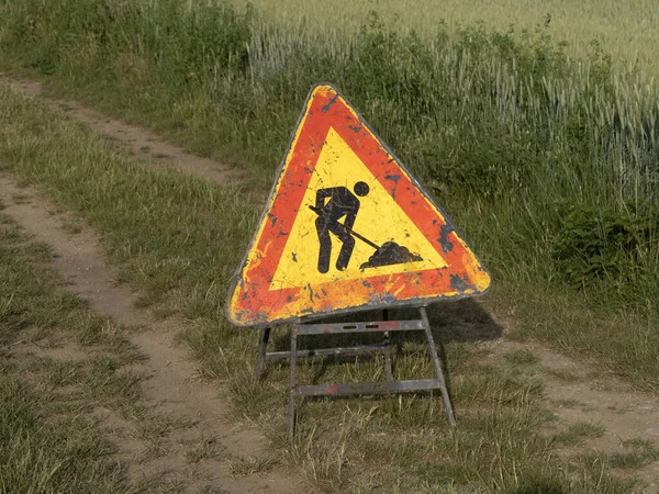 Road Working Sign Country Soil Road — Stock Photo, Image