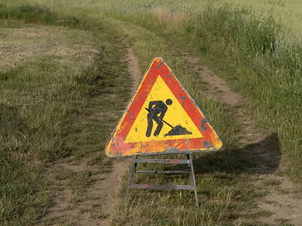 Road Working Sign Country Soil Road — Stock Photo, Image