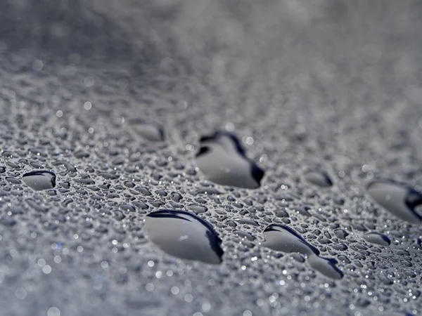 Gouttes Pluie Sur Métal Bleu Gros Plan Macro Détail — Photo