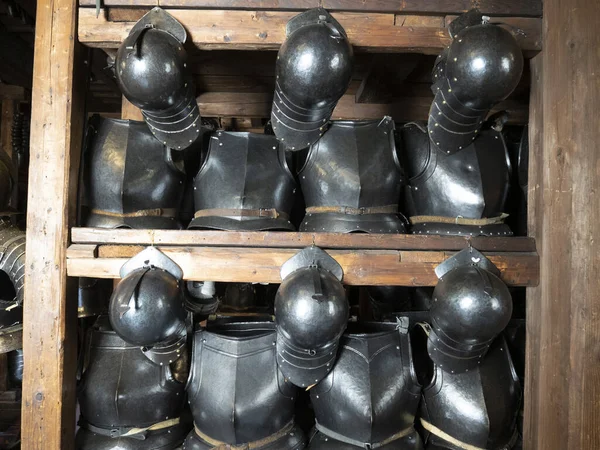 Many Medieval Iron Metal Helm Detail — Stock Photo, Image