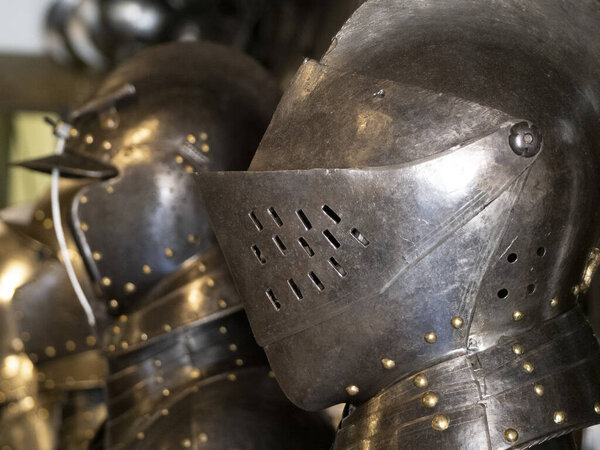 Many medieval iron metal helm detail
