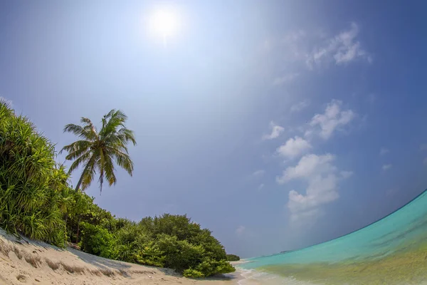 夏の熱帯砂のビーチターコイズブルーの水のラグーンのパノラマ魚眼レンズ — ストック写真