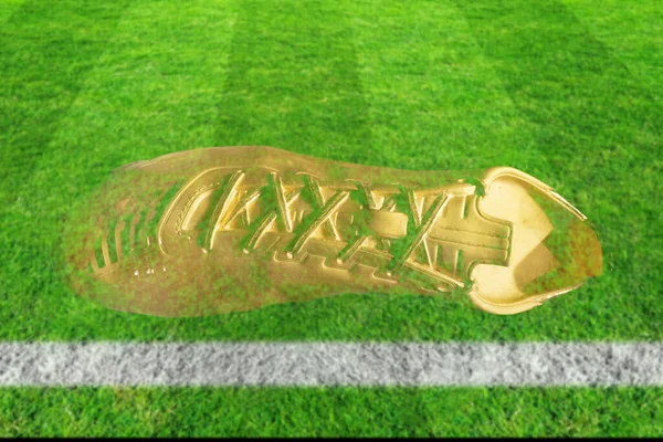 Golden Soccer Shoe Green Field Background — Stock Photo, Image