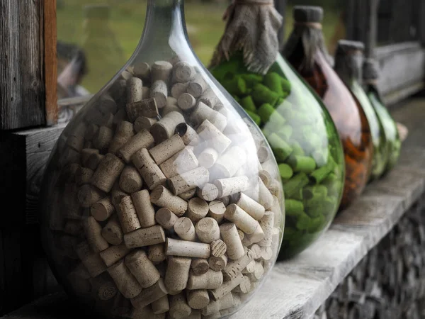 Many Wine Bottle Cork Glass Jar Detail — 图库照片