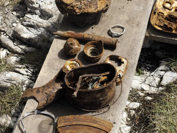 detail of first world war weapons found on Piana Mountain dolomites, Italy