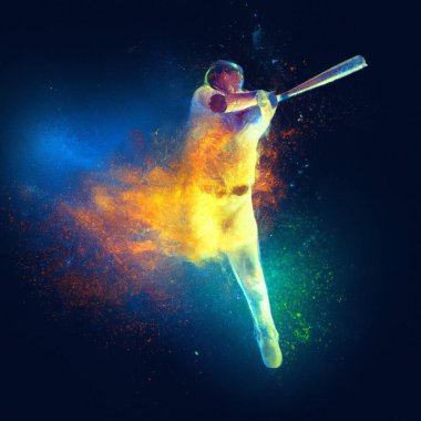 Beyzbol oyuncusu, sarı, turuncu ve mavi bir nebula patlaması olarak tasvir edilen topa sopayla vuruyor.