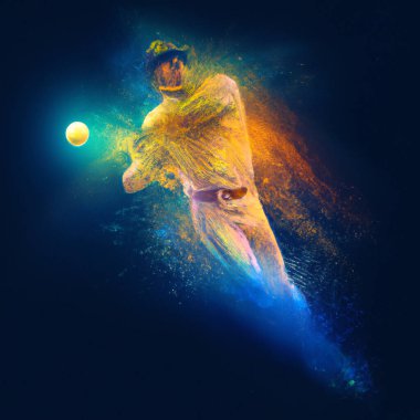 Beyzbol oyuncusu, sarı, turuncu ve mavi bir nebula patlaması olarak tasvir edilen topa sopayla vuruyor.